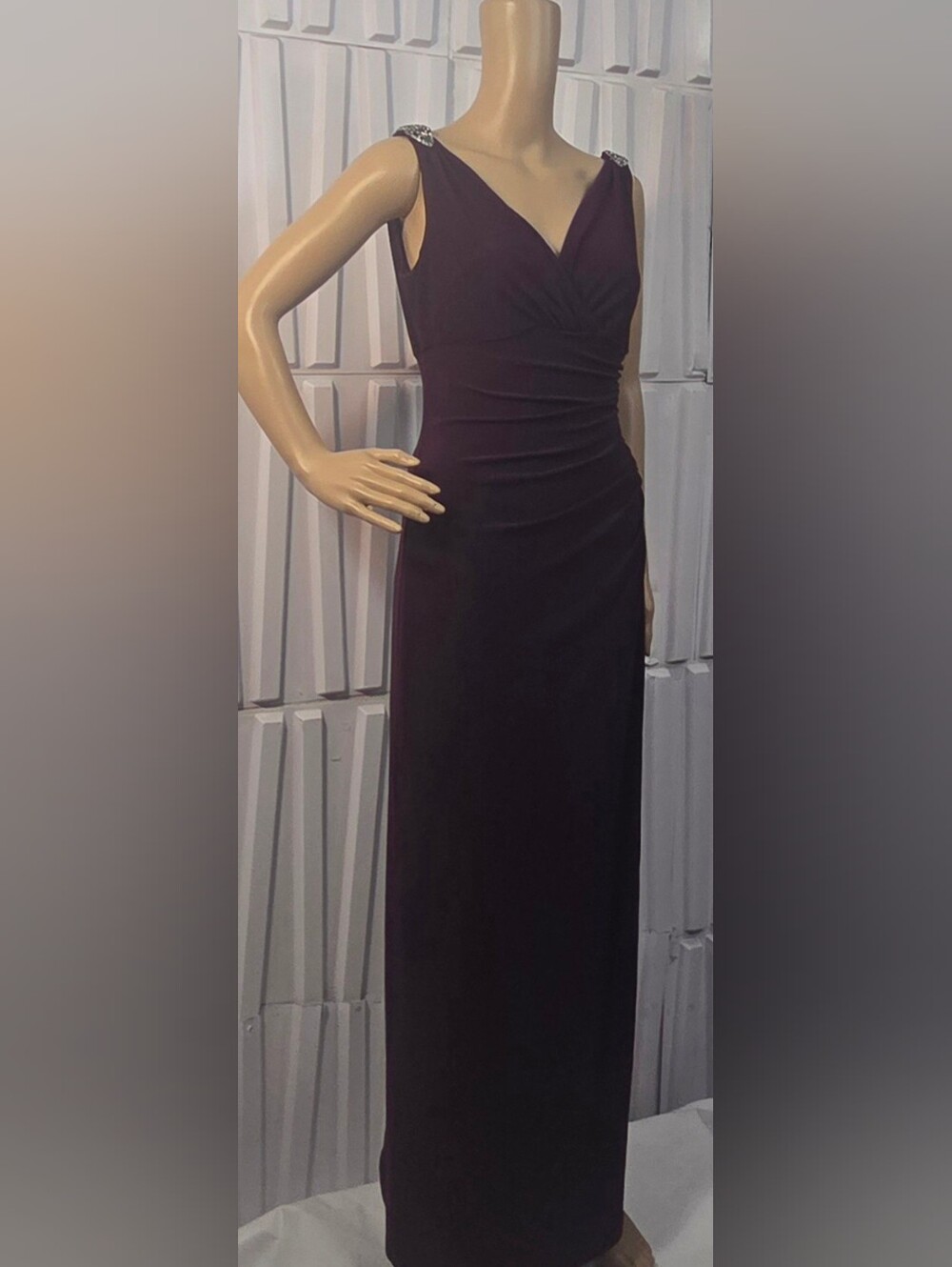 Ralph Lauren Raisin Purple Ruched Maxi Gown Rhinestone Details Size4
